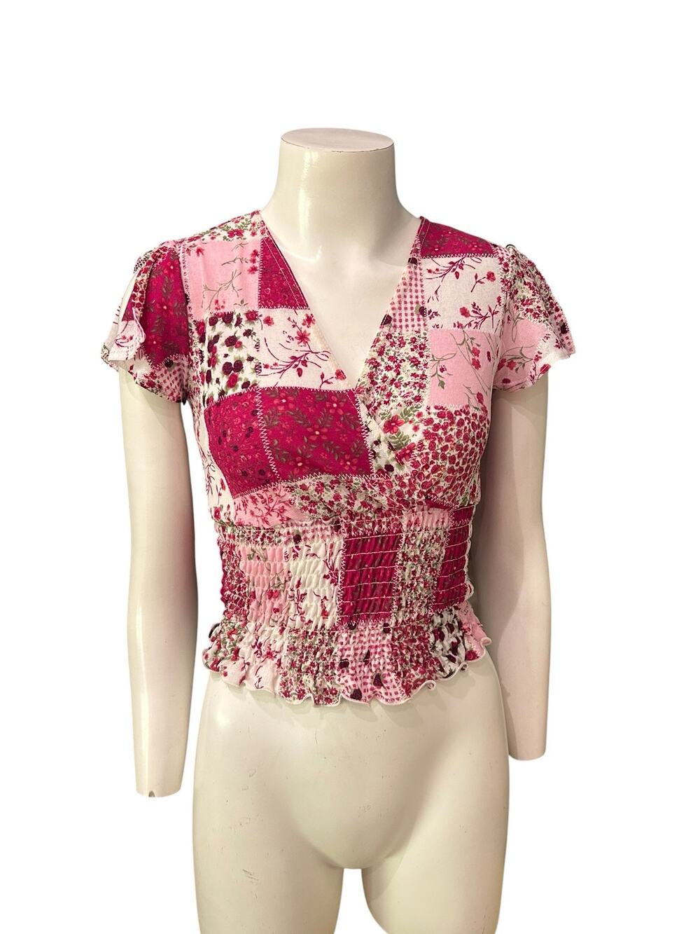 Y2K Pink Patchwork Floral Smocked Crop Top Cottagecore Boho USA Small -